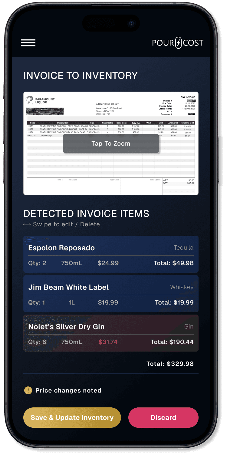 PourCost invoice scanning screen detecting items and prices